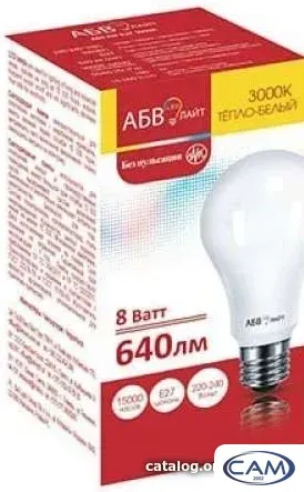 Светодиодная лампочка АБВ LED лайт A60 8W E27 3000К