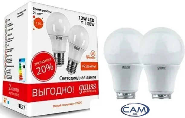 Светодиодная лампочка Gauss Elementary A60 12W 3000K E27 23212P (2 шт)