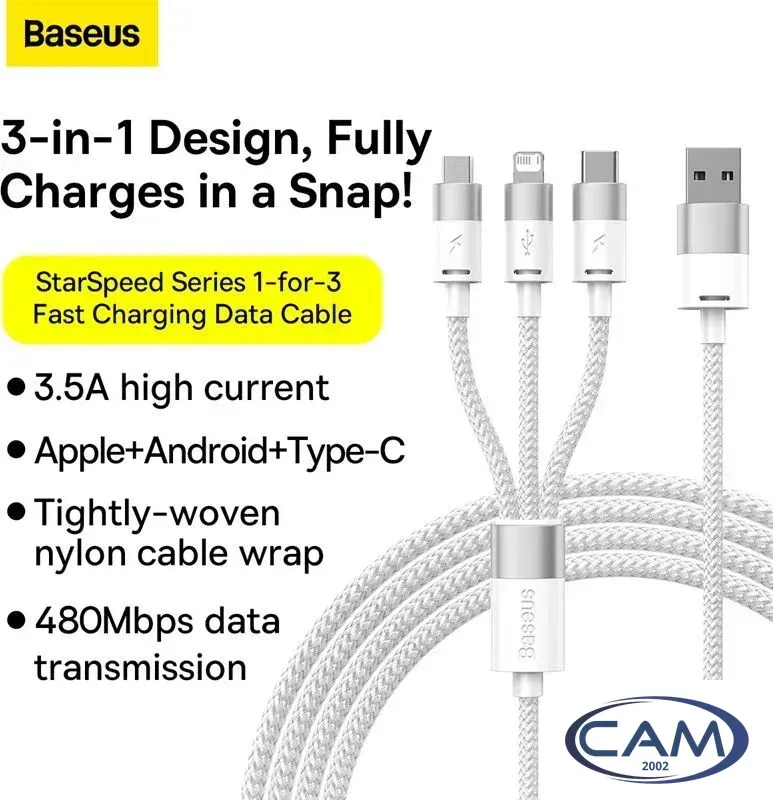 Кабель Baseus One-For-Three Fast Charging Data Cable 3.5A USB Type-A - USB Type-C/microUSB/Lightning (1.2 м, белый)